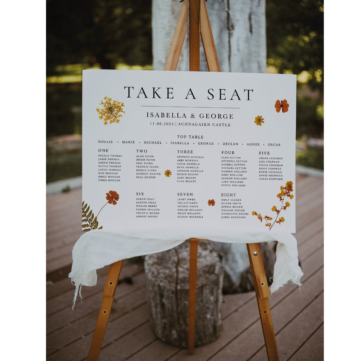 Pressed Flower Design Wedding Table Plan, Personalised Seating Plan, Mounted Table Plan, A1, A2, Wedding Decor, Aisle Decor, Autumn Wedding