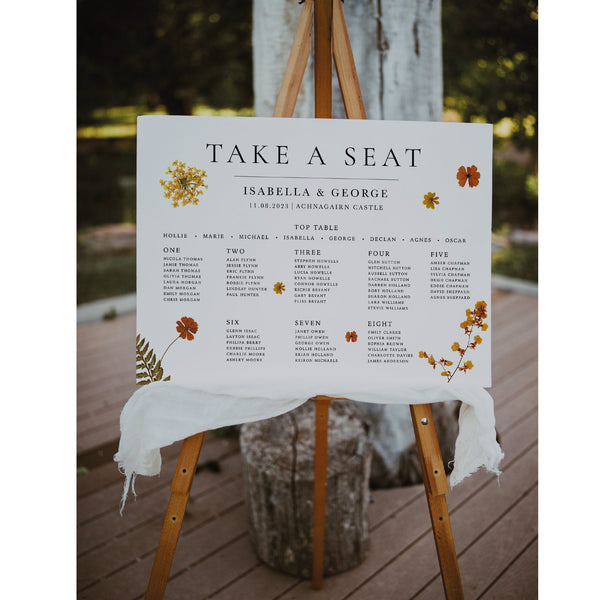Pressed Flower Design Wedding Table Plan, Personalised Seating Plan, Mounted Table Plan, A1, A2, Wedding Decor, Aisle Decor, Autumn Wedding