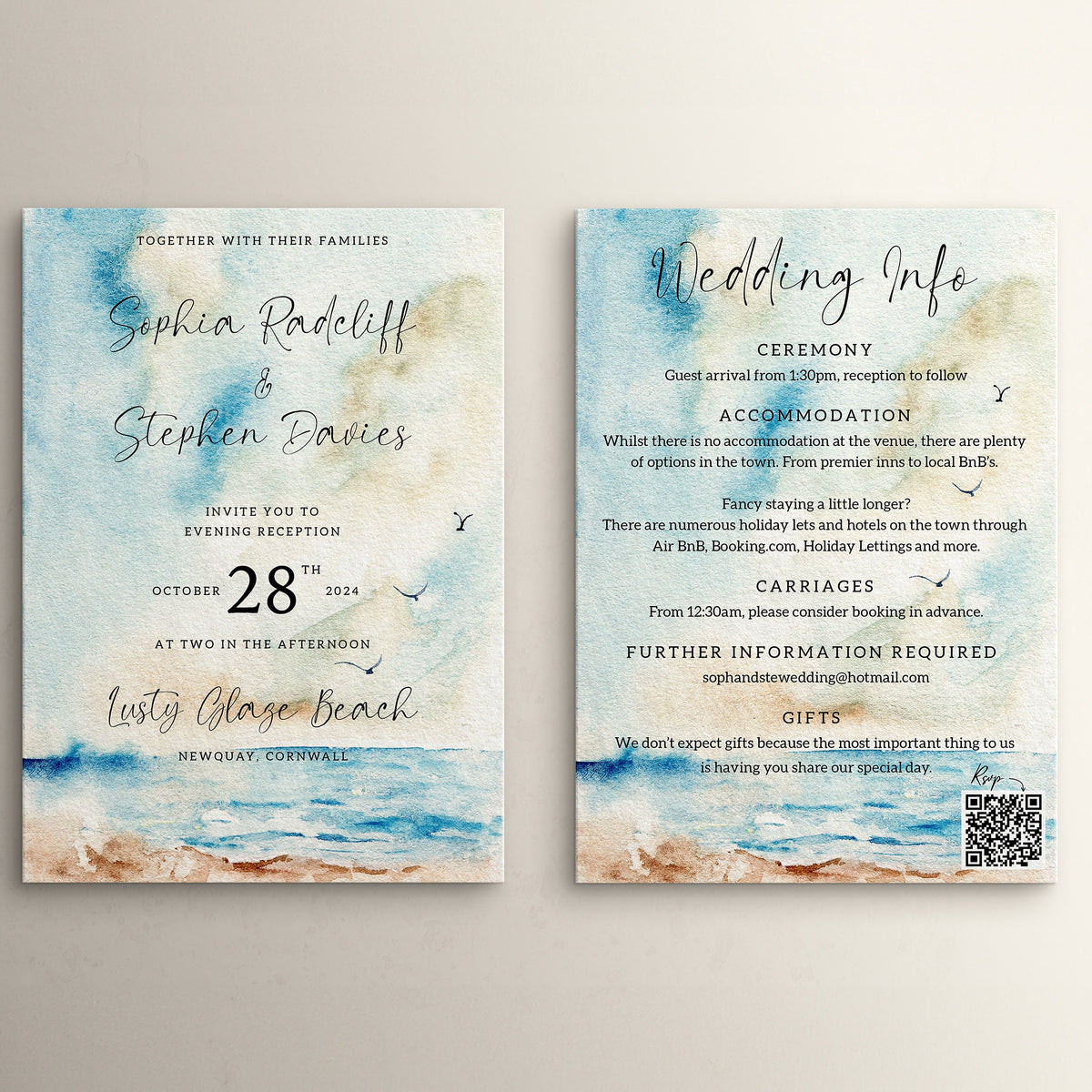 Wedding Invitation Seascape Design, Wedding Stationery, Wedding Invites, Double Sided Invitations, Printed Invitations, Beach Wedding Invite