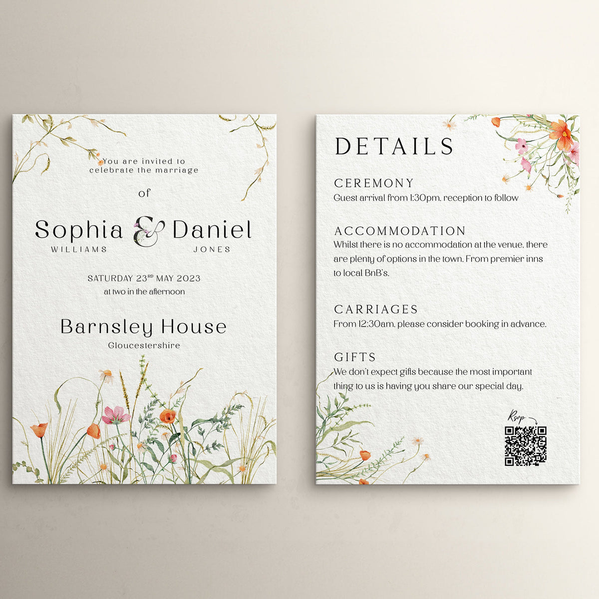 Wedding Invitation Bloom Design, Floral Wedding Stationery, Wildflower Wedding Invites, Double Sided Invitations, Printed Invitations,