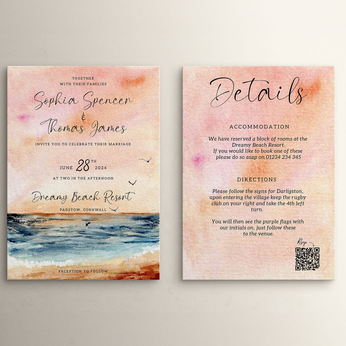 Wedding Invitation Azure Design, Wedding Stationery, Wedding Invites, Double Sided Invitations, Printed Invitations, Beach Wedding Invite