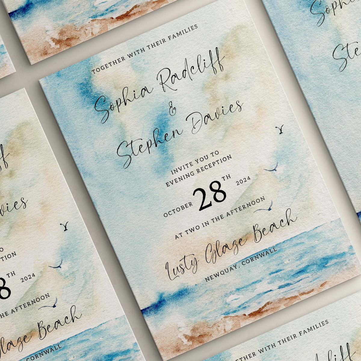 Wedding Invitation Seascape Design, Wedding Stationery, Wedding Invites, Double Sided Invitations, Printed Invitations, Beach Wedding Invite