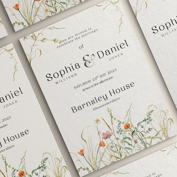 Wedding Invitation Bloom Design, Floral Wedding Stationery, Wildflower Wedding Invites, Double Sided Invitations, Printed Invitations,