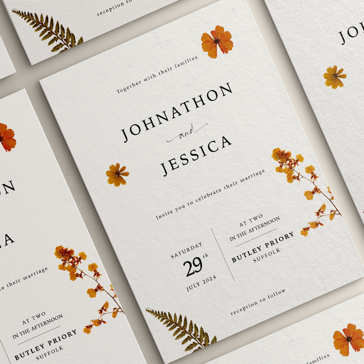 Wedding Invitation Pressed Flower Design, Floral Wedding Stationery, Wildflower Wedding Invites, Double Sided Invitations, Printed Invites