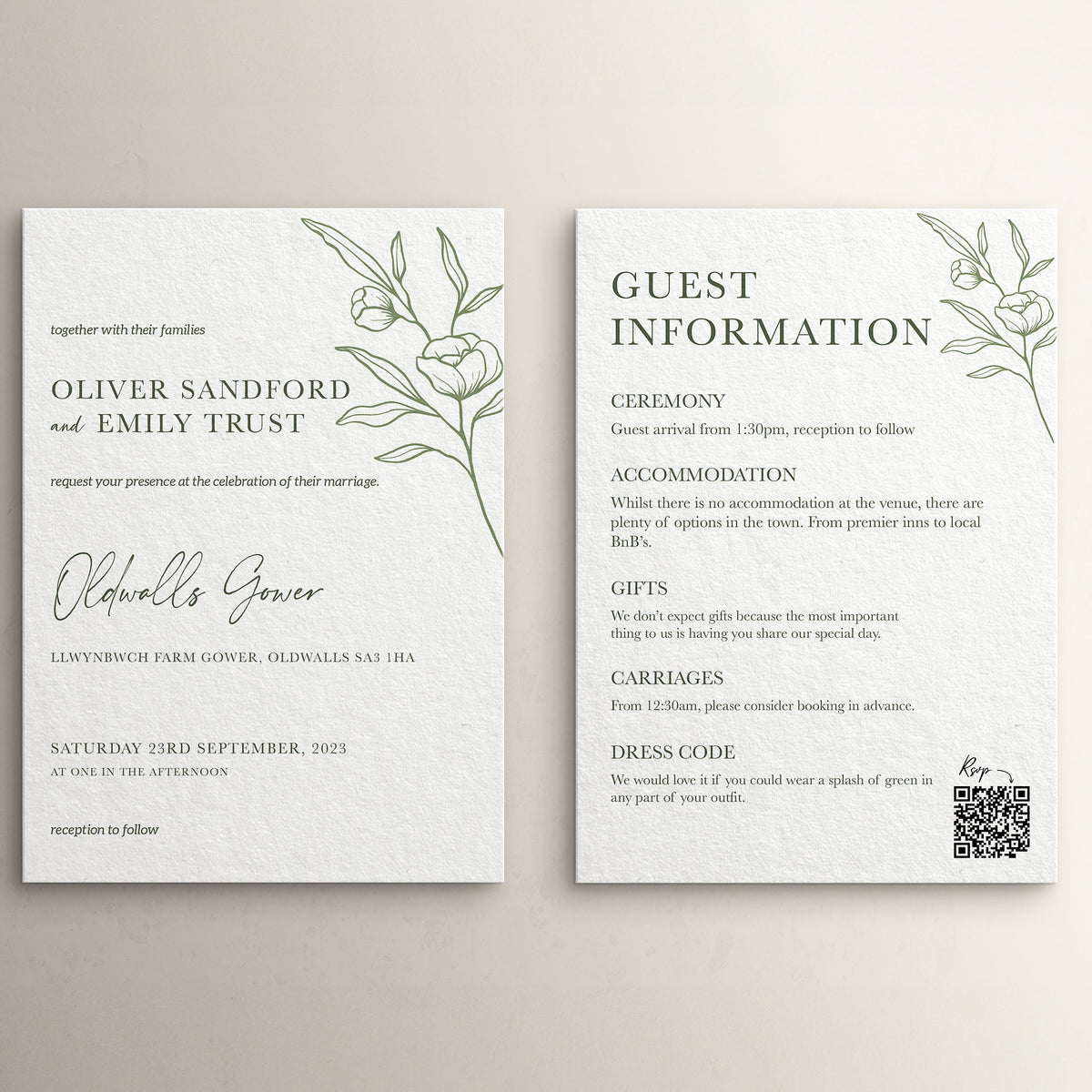 Wedding Invitation Sage Flower Design, Sage Wedding Stationery, Sage Flower Wedding Invites, Double Sided Invitations, Printed Invites