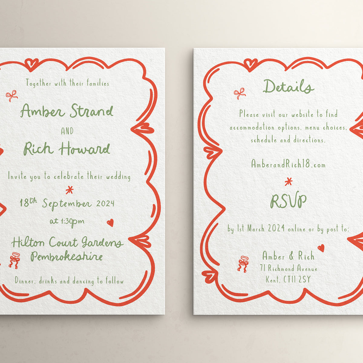 Wedding Invites, Hand Drawn Scribble Illustrations, Funky, Colourful, Whimsical, Double Sided Invitations, Modern Wedding Invitations.