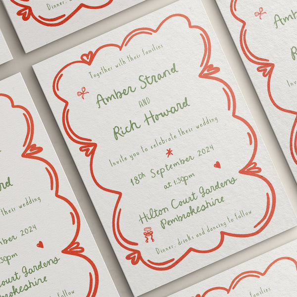 Wedding Invites, Hand Drawn Scribble Illustrations, Funky, Colourful, Whimsical, Double Sided Invitations, Modern Wedding Invitations.