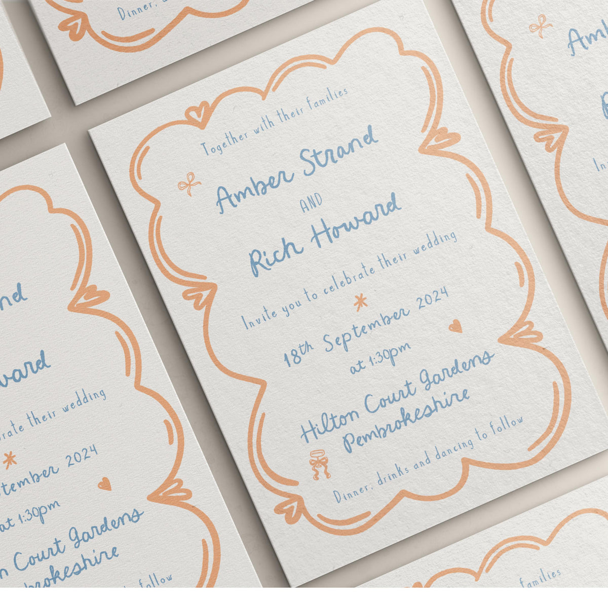 Wedding Invites, Hand Drawn Scribble Illustrations, Funky, Colourful, Whimsical, Double Sided Invitations, Modern Wedding Invitations.