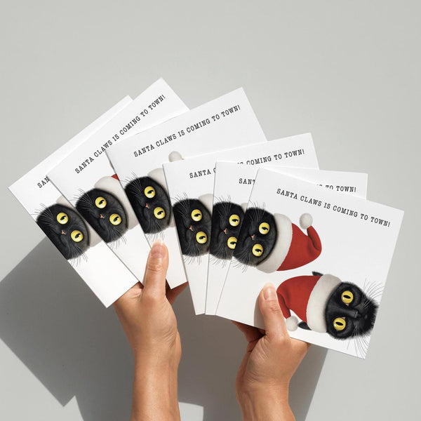 Black Cat Christmas Card Pack: Funny Santa Hat Cat Greeting Card, Pack of 6