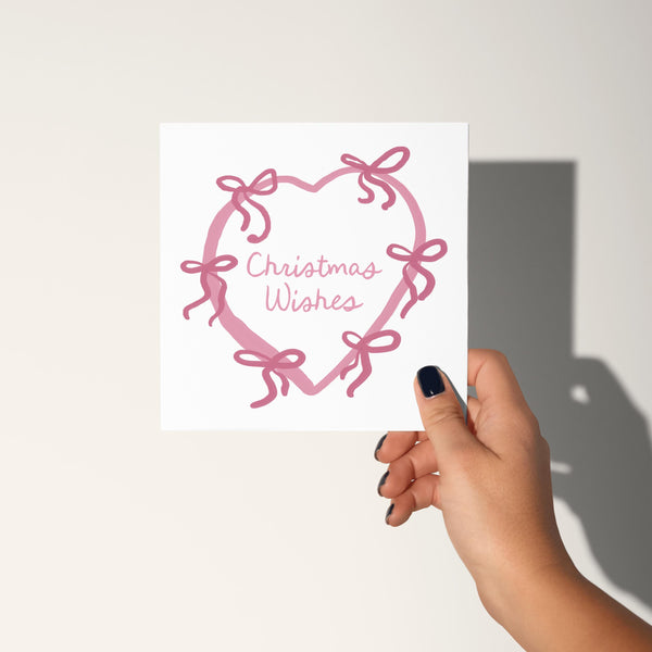Pink Heart & Bow Christmas Card: Elegant Xmas Greeting Card