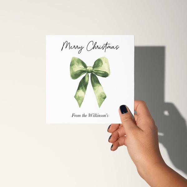Watercolour Green Bow Christmas Card: Elegant Xmas Greeting Card