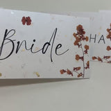 Pressed Flower Wedding Place Cards, Gold and Silver Fleck Card, Handmade Paper, Personalised Calligraphy Place Settings, Wedding Table Decor