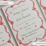 Wedding Invites, Hand Drawn Scribble Illustrations, Funky, Colourful, Whimsical, Double Sided Invitations, Modern Wedding Invitations.