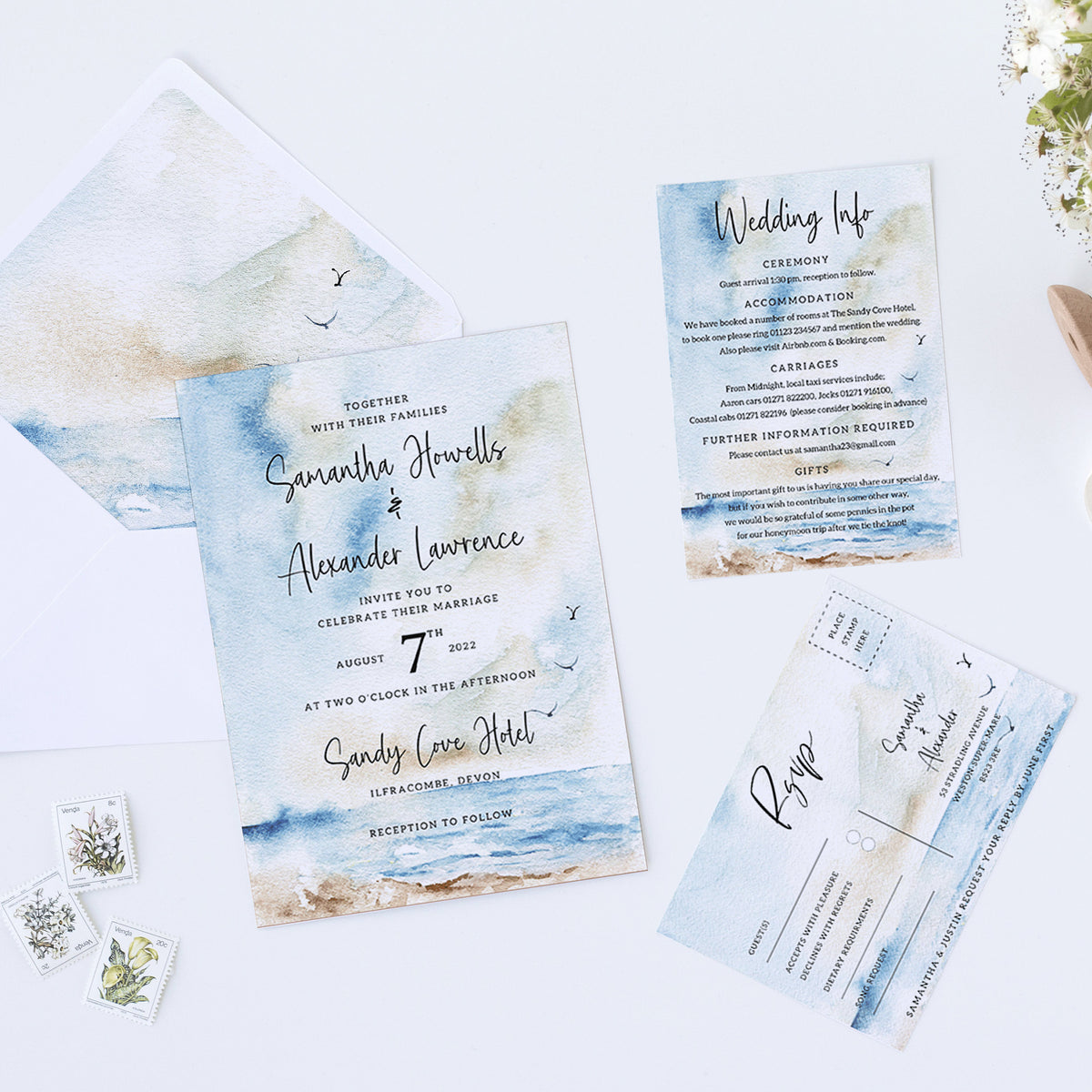 Seascape Wedding Invitation Set, RSVP, Details, Save the Date, Table Number, Nature Invites.