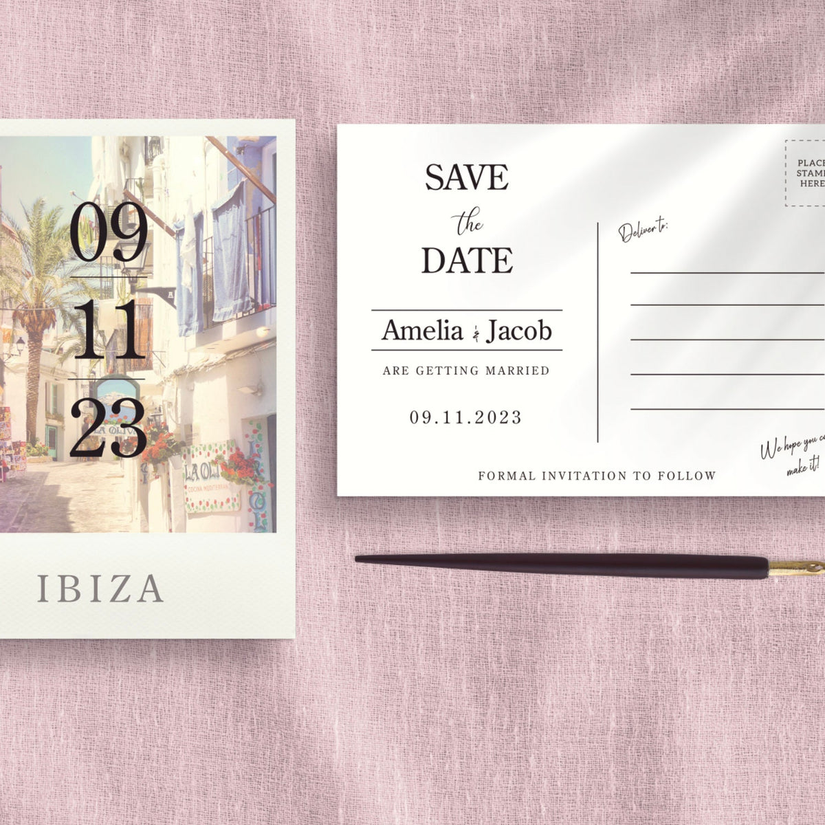 Ibiza Save The Date Postcard Invitations | Destination Wedding | Beach Wedding | Seaside | Abroad Wedding | Full Set Available.