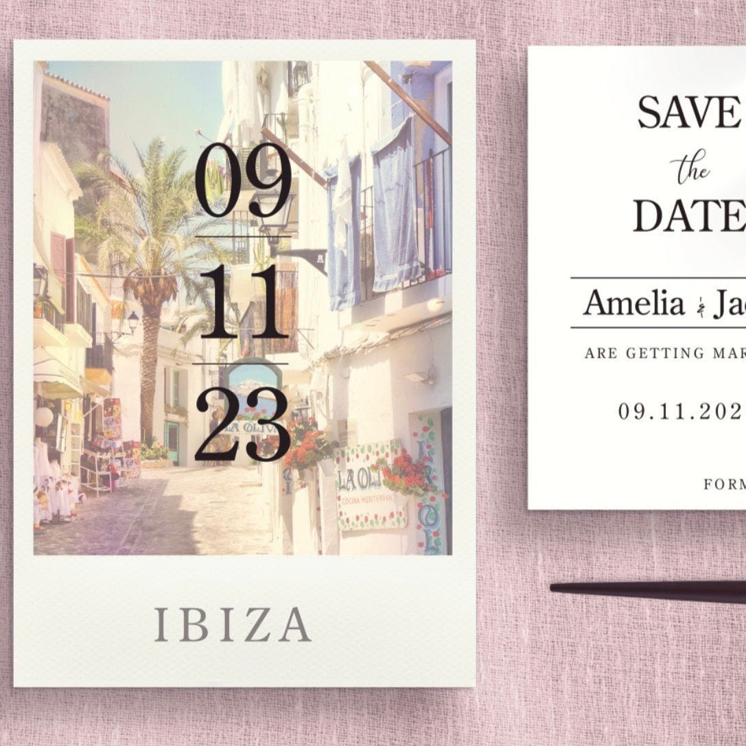 Ibiza Save The Date Postcard Invitations | Destination Wedding | Beach Wedding | Seaside | Abroad Wedding | Full Set Available.