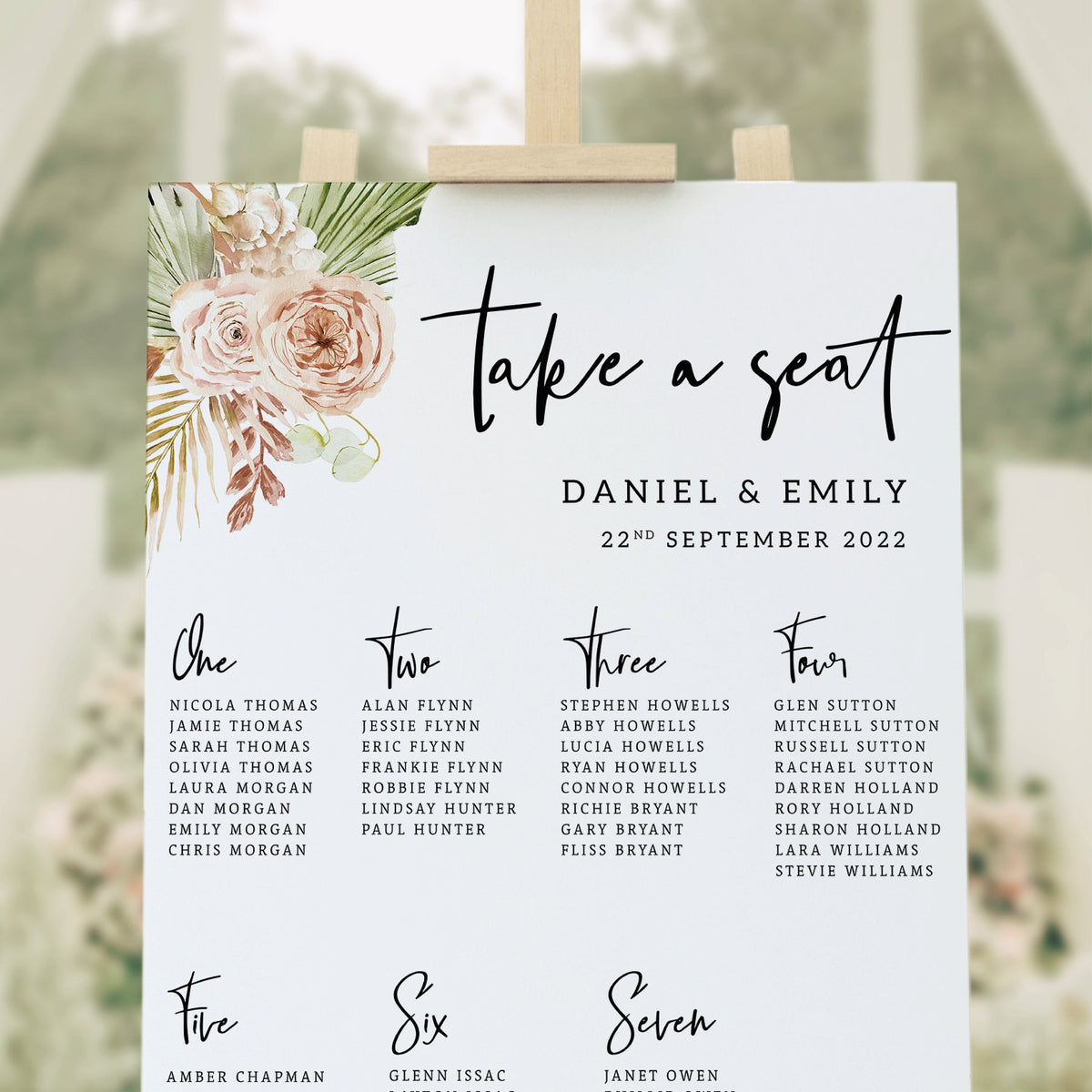 Boho Blush Floral Wedding Seating Plan, Elegant, Pampas Grass Wedding, Boho Wedding, Blush Seating Plan, Pink Roses Table Plan.