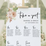 Boho Blush Floral Wedding Seating Plan, Elegant, Pampas Grass Wedding, Boho Wedding, Blush Seating Plan, Pink Roses Table Plan.