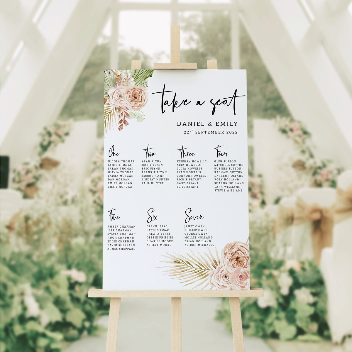 Boho Blush Floral Wedding Seating Plan, Elegant, Pampas Grass Wedding, Boho Wedding, Blush Seating Plan, Pink Roses Table Plan.