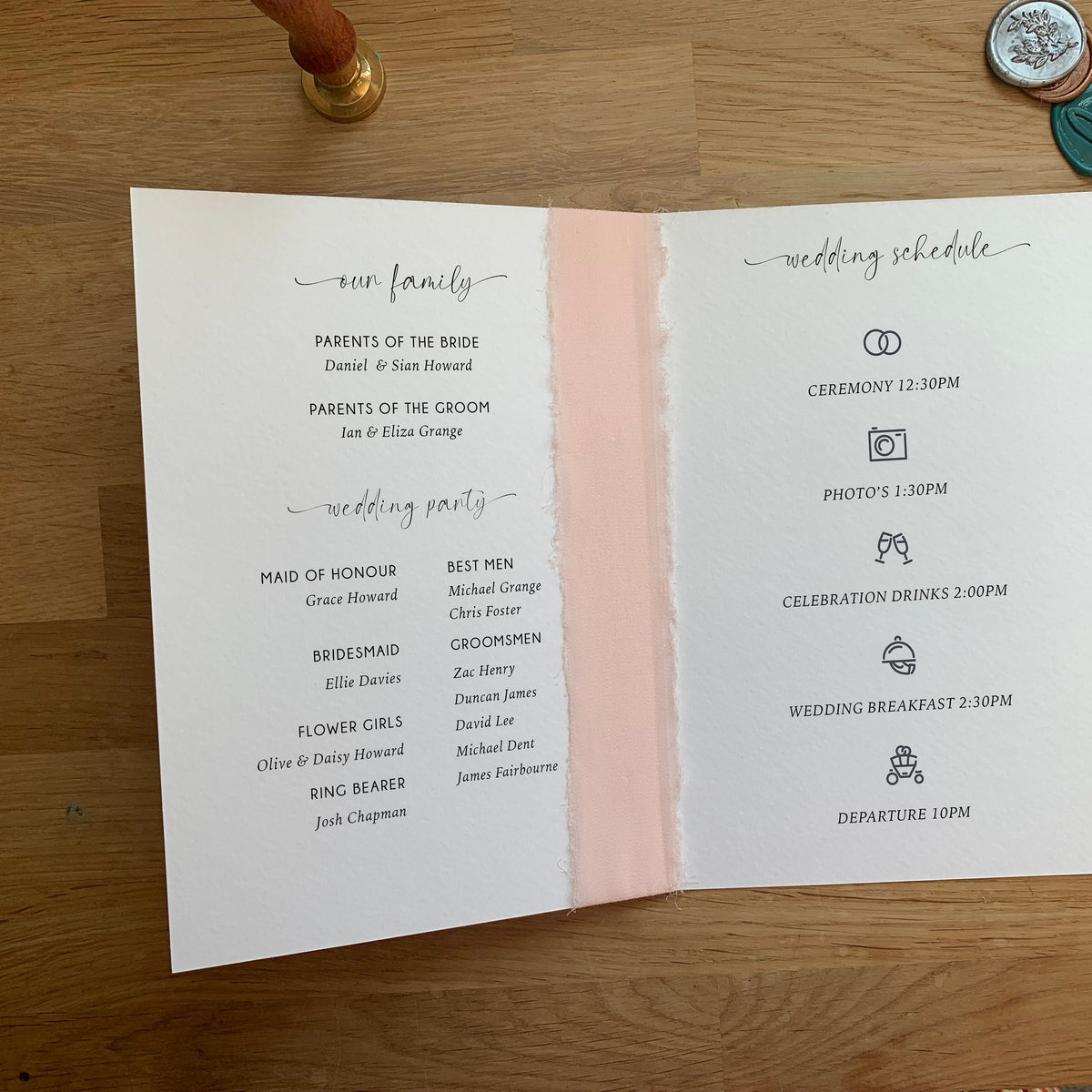 Wedding Order Of Service, 4 Page, Raw Edge Ribbon, A5, Wedding Schedule, Wedding Programs, Wedding Ceremony Booklet, Silk Ribbon.