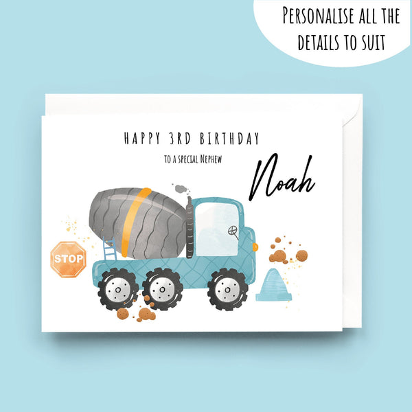 Personalised Diggers Birthday Card, Any Age, 1st, 2nd, 3rd,4th, 5th, 6th, Grandson, Son, Nephew, Brother, Special Boy, Keepsake Card.