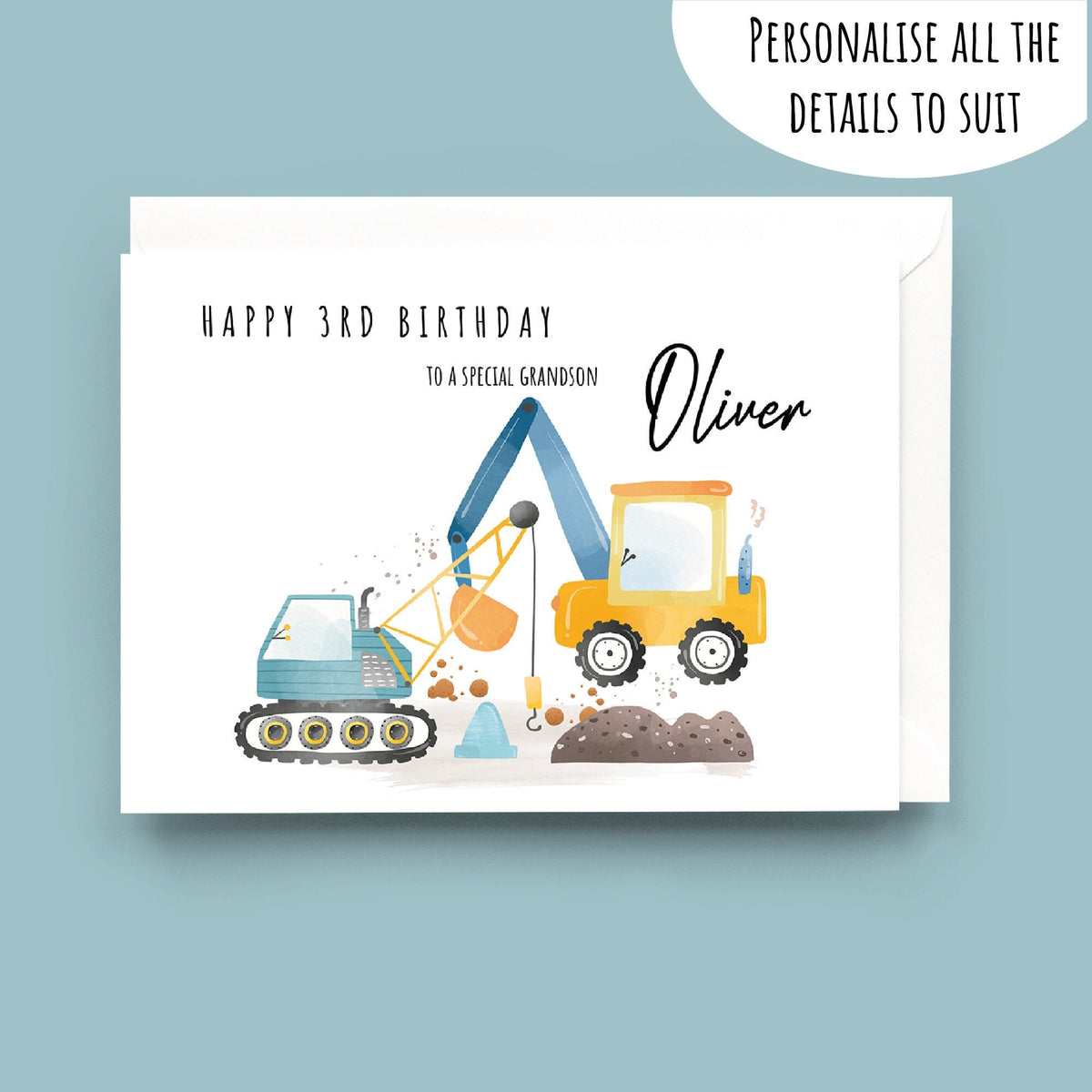 Personalised Diggers Birthday Card, Any Age, 1st, 2nd, 3rd,4th, 5th, 6th, Grandson, Son, Nephew, Brother, Special Boy, Keepsake Card.