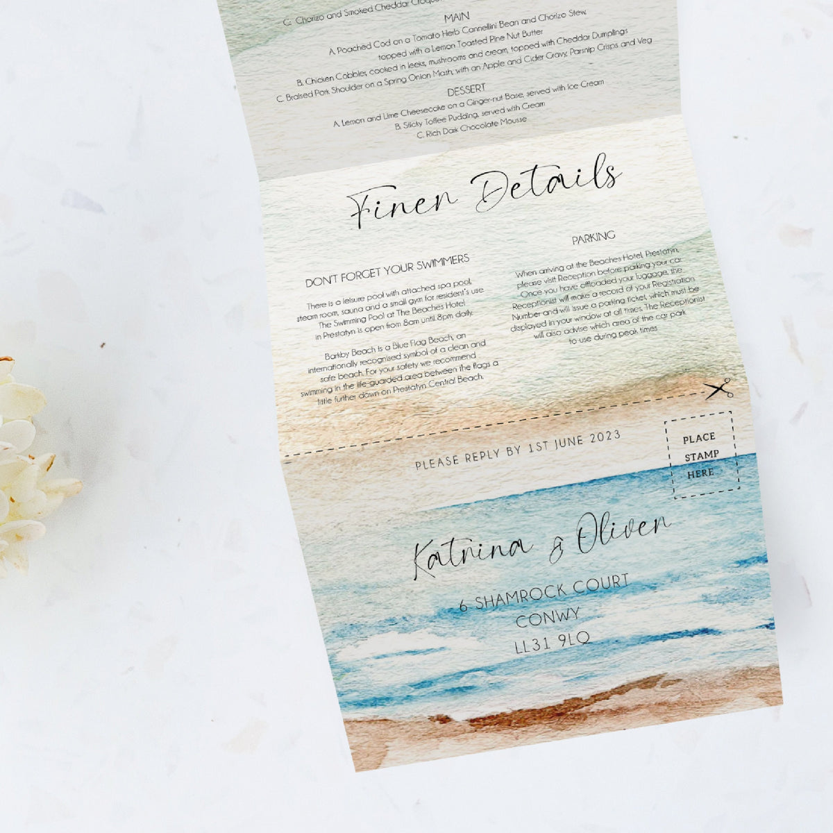 Concertina Seascape Invitation | Perforated Postcard RSVP | Destination Wedding | Beach Wedding | Folded Invitations | Try Fold Invitation