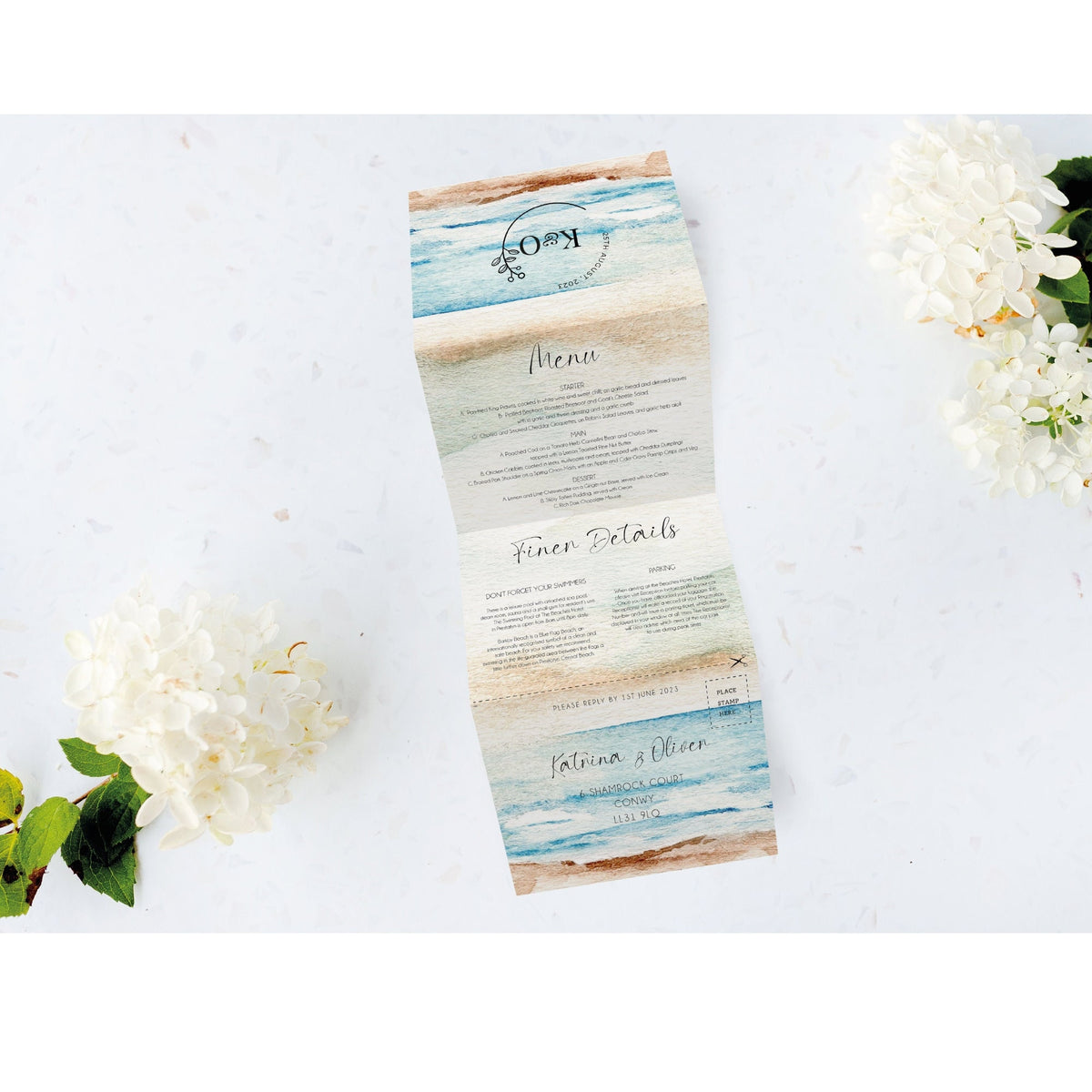 Concertina Seascape Invitation | Perforated Postcard RSVP | Destination Wedding | Beach Wedding | Folded Invitations | Try Fold Invitation