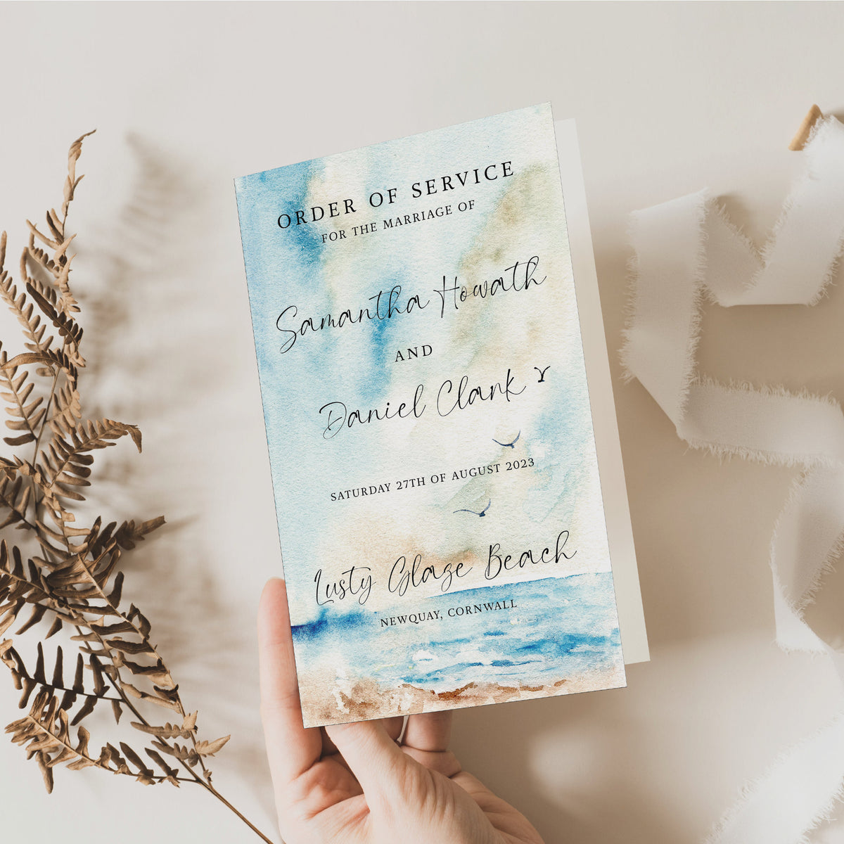 Wedding Order Of Service, 4 Page, Seascape Design, A5, Wedding Schedule, Wedding Programs, Wedding Booklet, Beach Wedding, Destination.