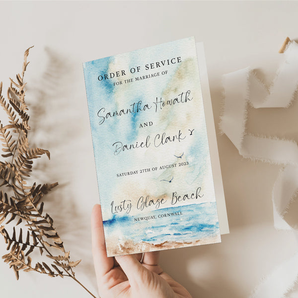 Wedding Order Of Service, 4 Page, Seascape Design, A5, Wedding Schedule, Wedding Programs, Wedding Booklet, Beach Wedding, Destination.