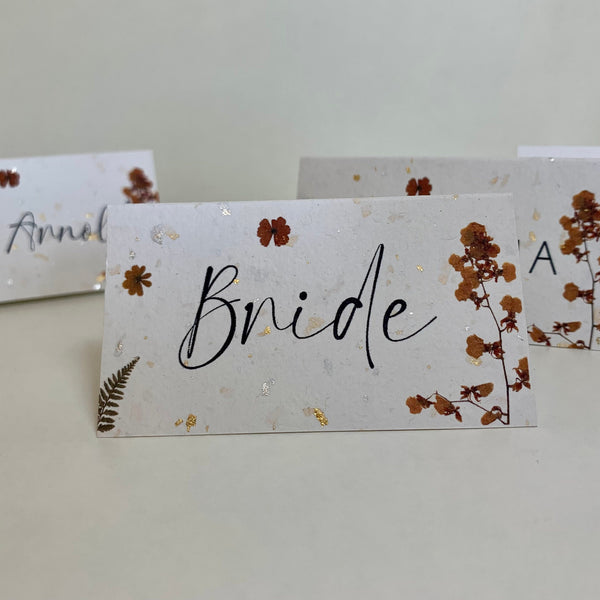 Pressed Flower Wedding Place Cards, Gold and Silver Fleck Card, Handmade Paper, Personalised Calligraphy Place Settings, Wedding Table Decor