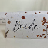 Pressed Flower Wedding Place Cards, Gold and Silver Fleck Card, Handmade Paper, Personalised Calligraphy Place Settings, Wedding Table Decor