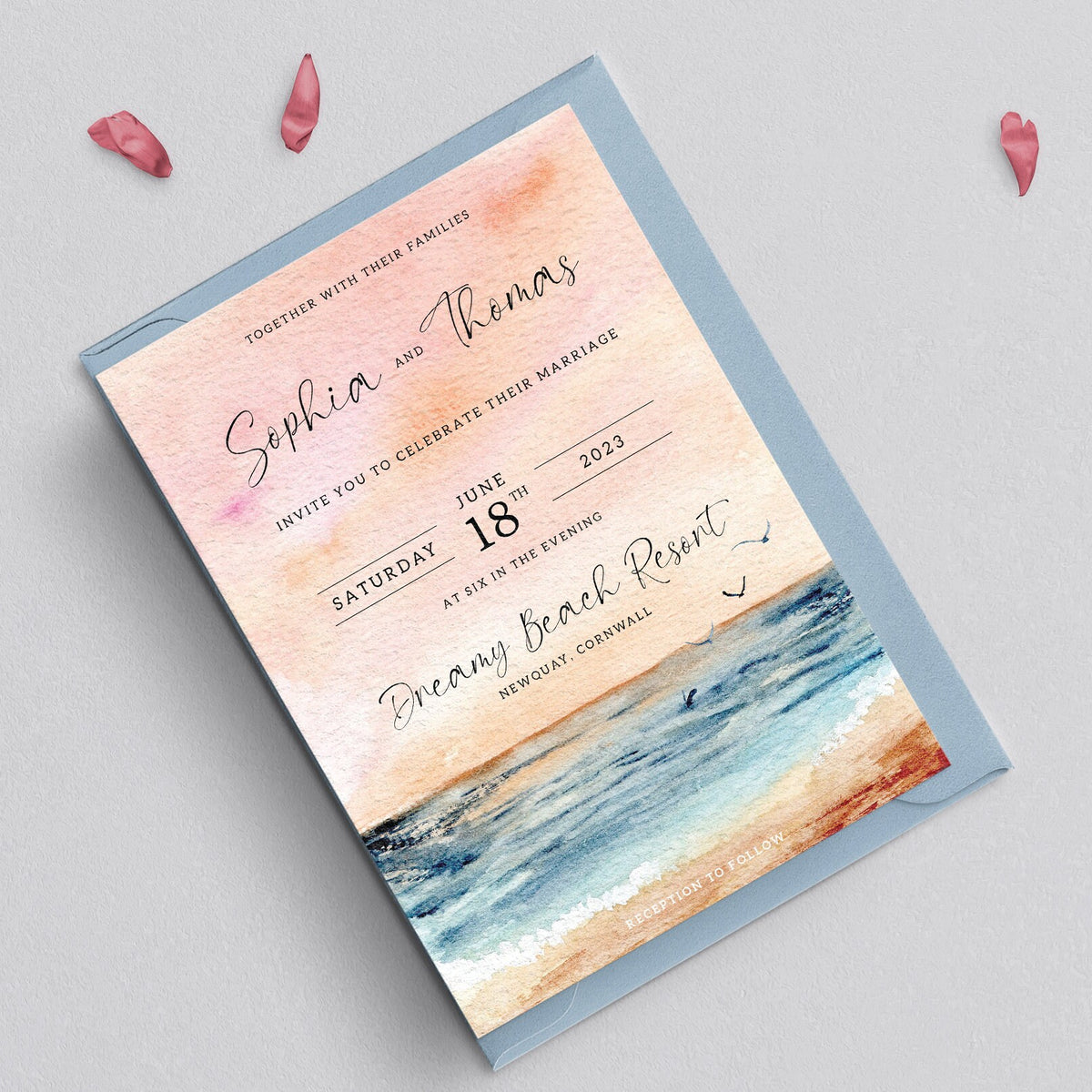 Sunset Beach Wedding Invitation Set, Watercolour Wedding Invitations, Destination Wedding, Sea and Beach Wedding, Coastal Design, Sunset.