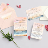 Sunset Beach Wedding Invitation Set, Watercolour Wedding Invitations, Destination Wedding, Sea and Beach Wedding, Coastal Design, Sunset.