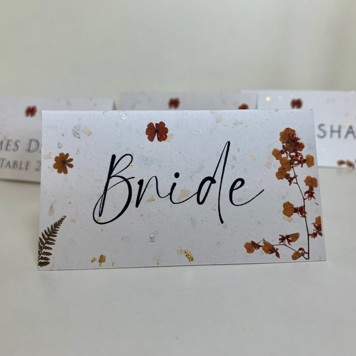 Pressed Flower Wedding Place Cards, Gold and Silver Fleck Card, Handmade Paper, Personalised Calligraphy Place Settings, Wedding Table Decor