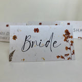 Pressed Flower Wedding Place Cards, Gold and Silver Fleck Card, Handmade Paper, Personalised Calligraphy Place Settings, Wedding Table Decor