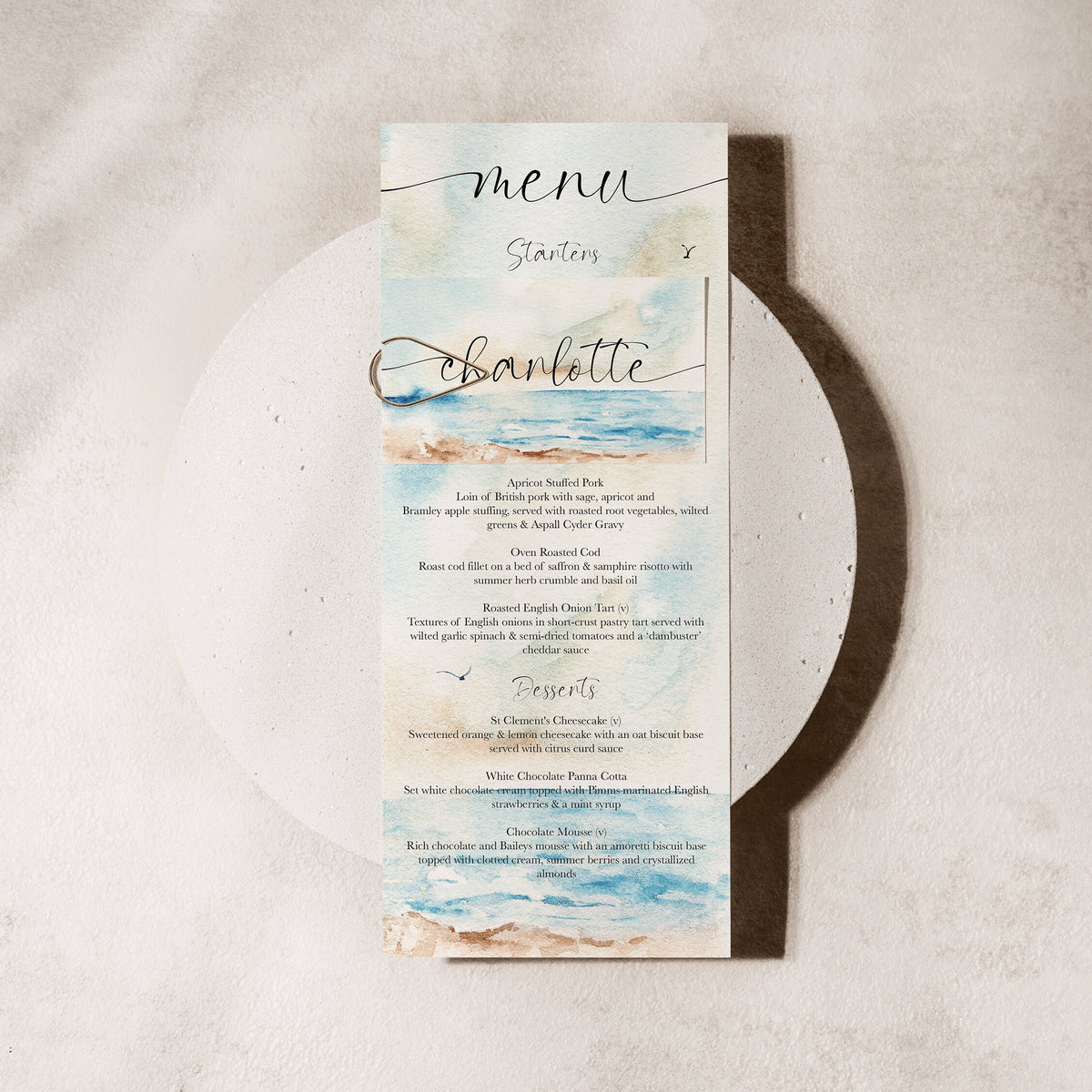 Seascape Wedding Menu Card With Name Tag, Beach Wedding Menu, Wedding Menu With Place Name, Wedding Place Names, Wedding Place Setting.