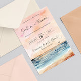 Sunset Beach Wedding Invitation Set, Watercolour Wedding Invitations, Destination Wedding, Sea and Beach Wedding, Coastal Design, Sunset.