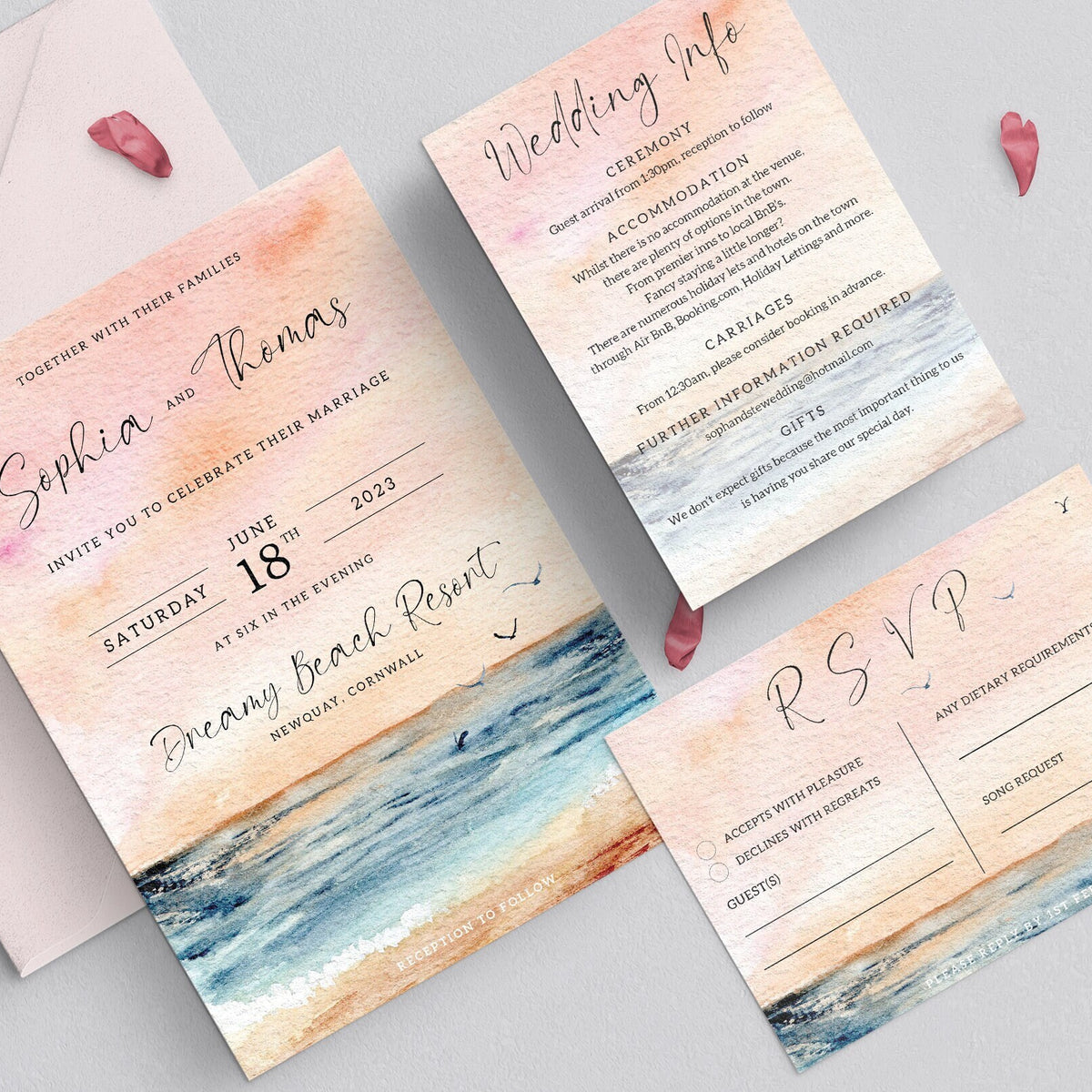 Sunset Beach Wedding Invitation Set, Watercolour Wedding Invitations, Destination Wedding, Sea and Beach Wedding, Coastal Design, Sunset.