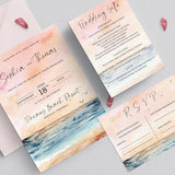 Sunset Beach Wedding Invitation Set, Watercolour Wedding Invitations, Destination Wedding, Sea and Beach Wedding, Coastal Design, Sunset.