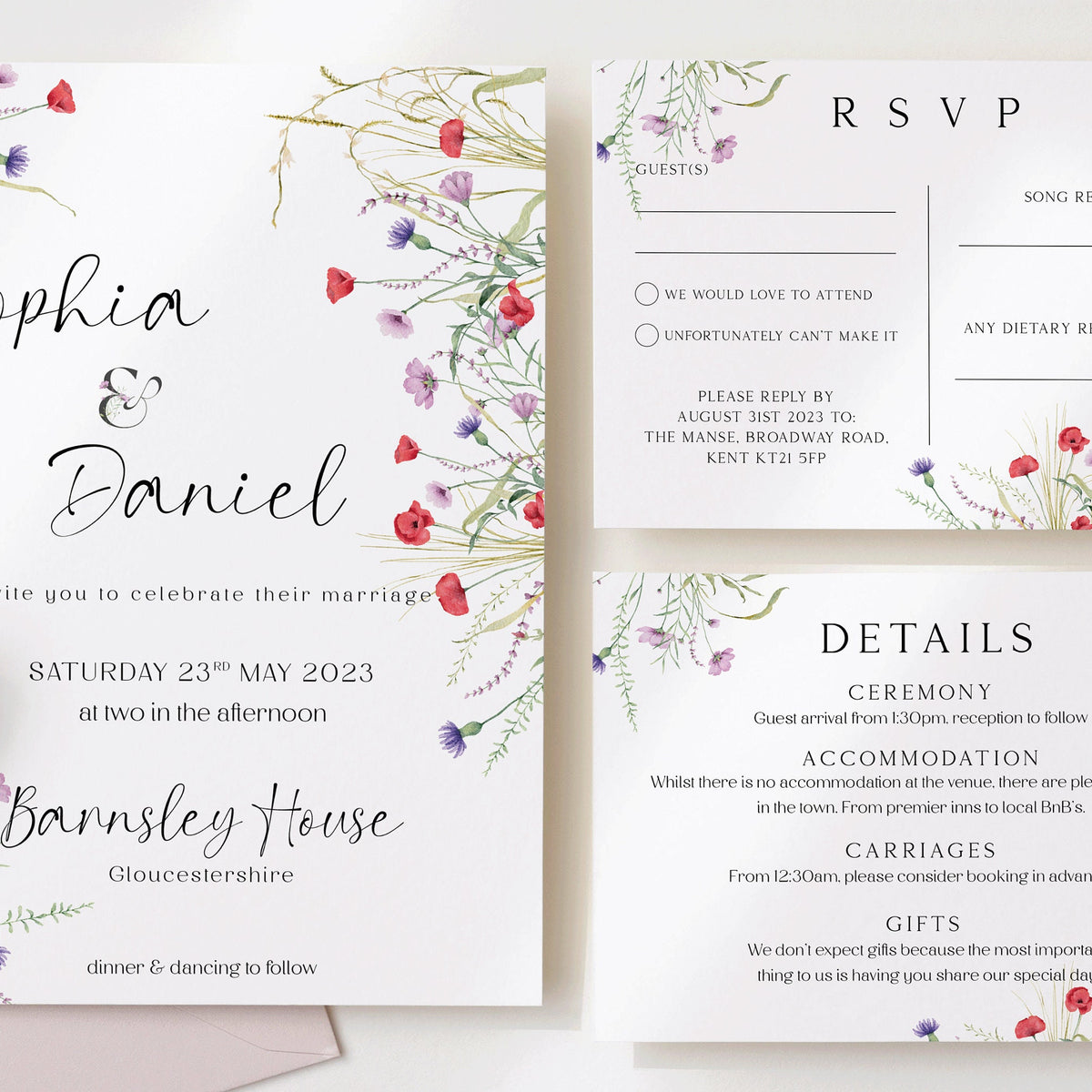 Wildflower Wedding Invitation Suite Poppy, Pressed Flowers, Blush Wedding Invites, Vellum Jackets, Save the Date, Wax Seals, Floral Wedding.