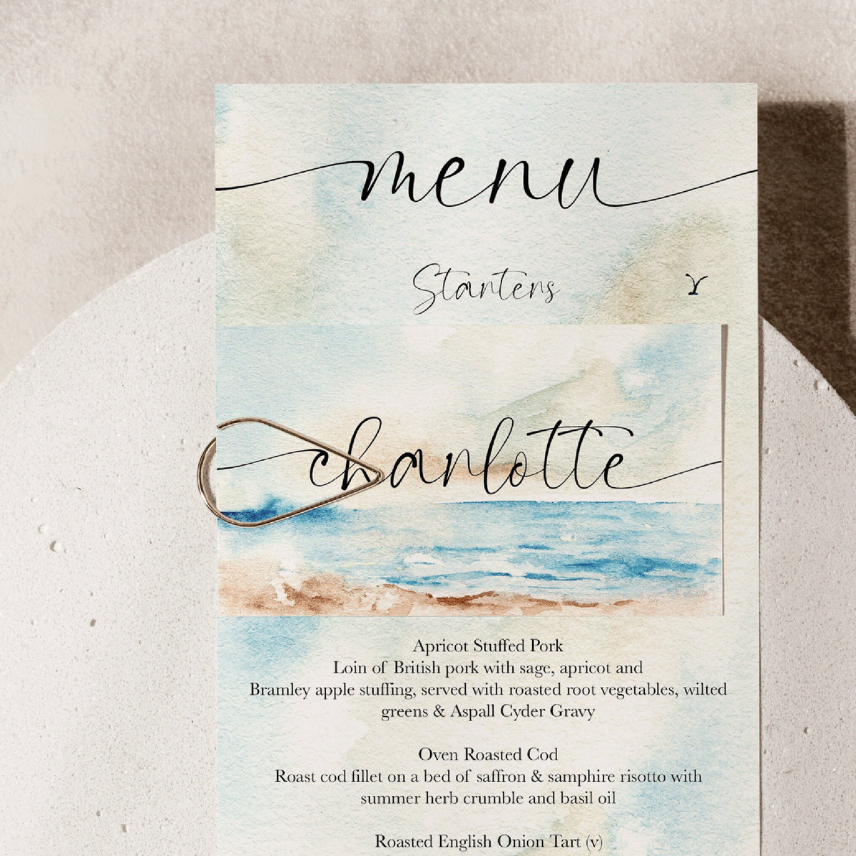 Seascape Wedding Menu Card With Name Tag, Beach Wedding Menu, Wedding Menu With Place Name, Wedding Place Names, Wedding Place Setting.