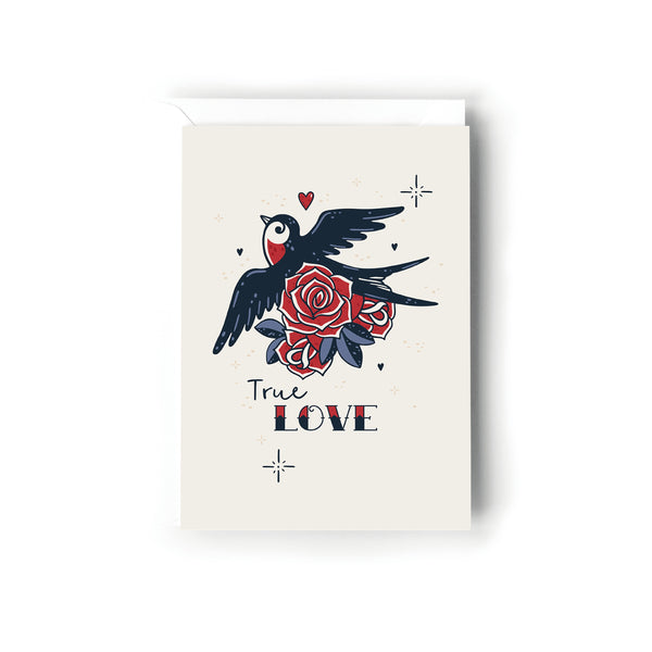 True Love, Valentines Card, Retro Old Tattoo Style Card, Card for Wife, For Husband, For Boyfriend, Simple Valentines Day Card.