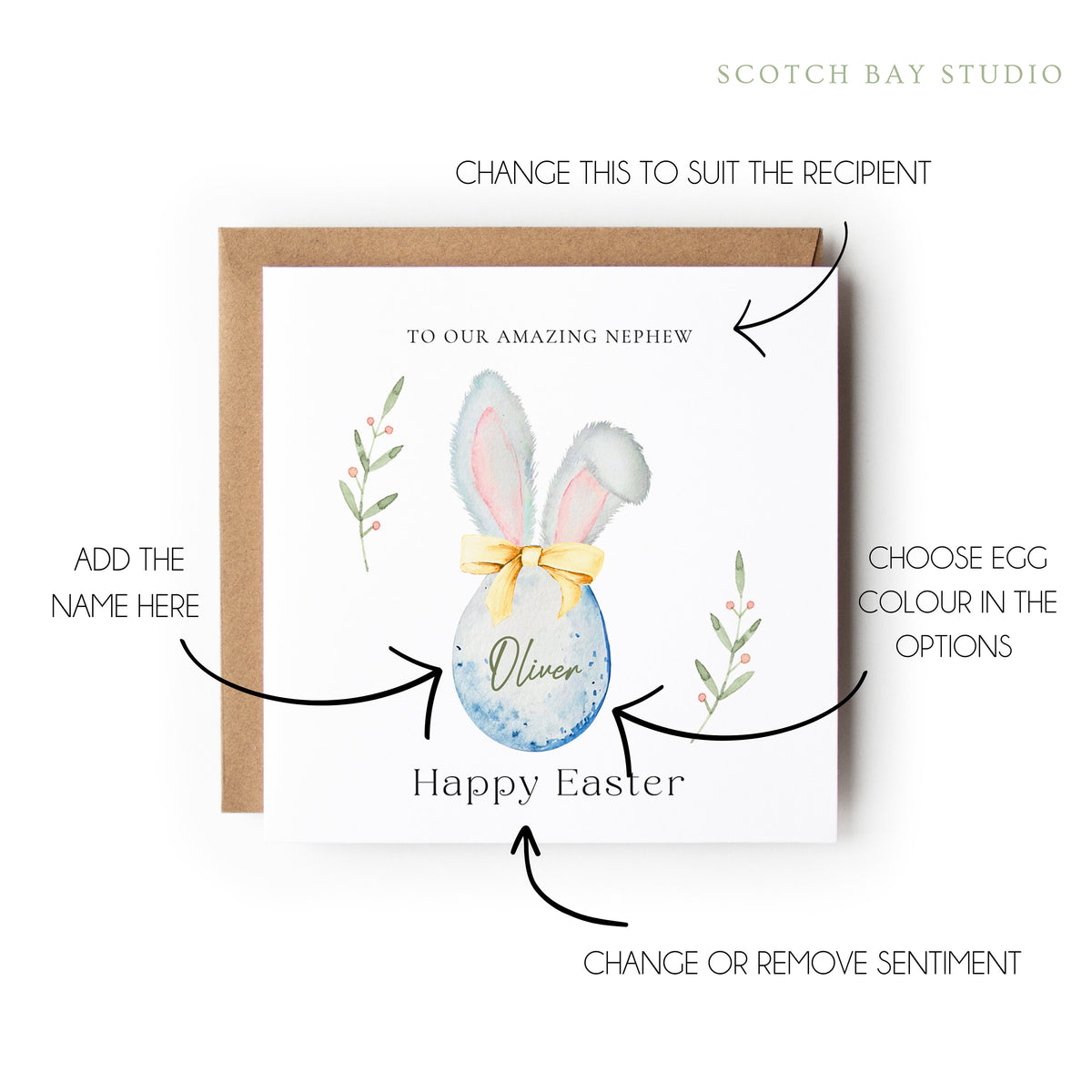 Personalised Easter Card, Nephew Easter Card, Godson, Grandson, Bunny Ears, Easter Egg, Happy Easter.