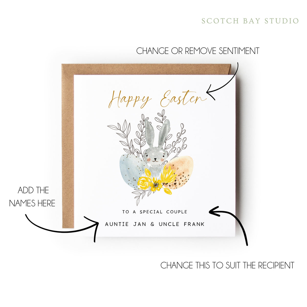 Easter Card with a cute little grey bunny hiding behind 2 Easter eggs, Text above reads Happy Easter and the text below reads To a special ... (insert title here eg couple, mum etc) with the names underneath.