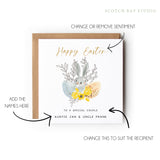 Easter Card with a cute little grey bunny hiding behind 2 Easter eggs, Text above reads Happy Easter and the text below reads To a special ... (insert title here eg couple, mum etc) with the names underneath.