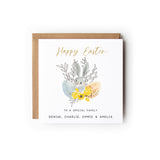 Easter Card with a cute little grey bunny hiding behind 2 Easter eggs, Text above reads Happy Easter and the text below reads To a special ... (insert title here eg couple, mum etc) with the names underneath.