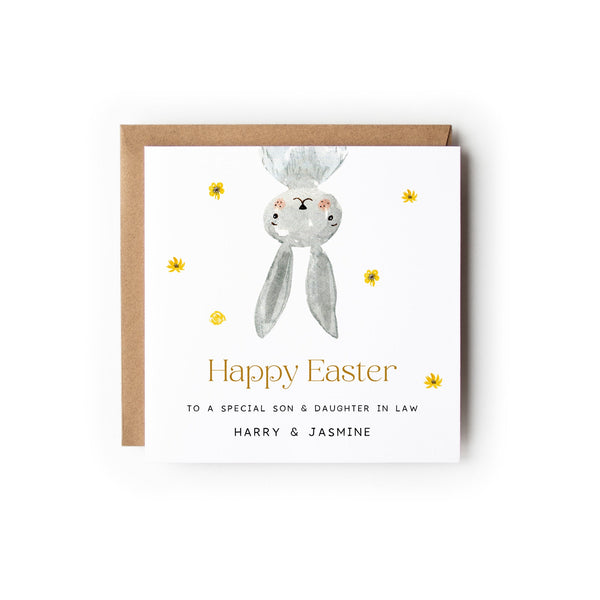 Easter Card with a cute little grey bunny upside down, Text below reads Happy Easter and the text below reads To a special ... (insert title here eg couple, mum etc) with the names underneath.
