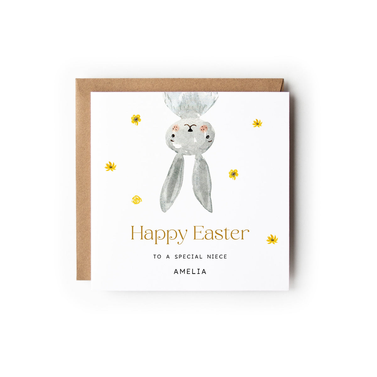 Easter Card with a cute little grey bunny upside down, Text below reads Happy Easter and the text below reads To a special ... (insert title here eg couple, mum etc) with the names underneath.