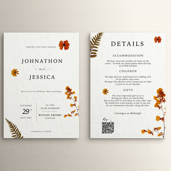 Wedding Invitation Pressed Flower Design, Floral Wedding Stationery, Wildflower Wedding Invites, Double Sided Invitations, Printed Invites